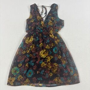Y2K Mini Dress Dark Floral Plunge‎ Sleeveless Chiffon Small Short Whimsigoth